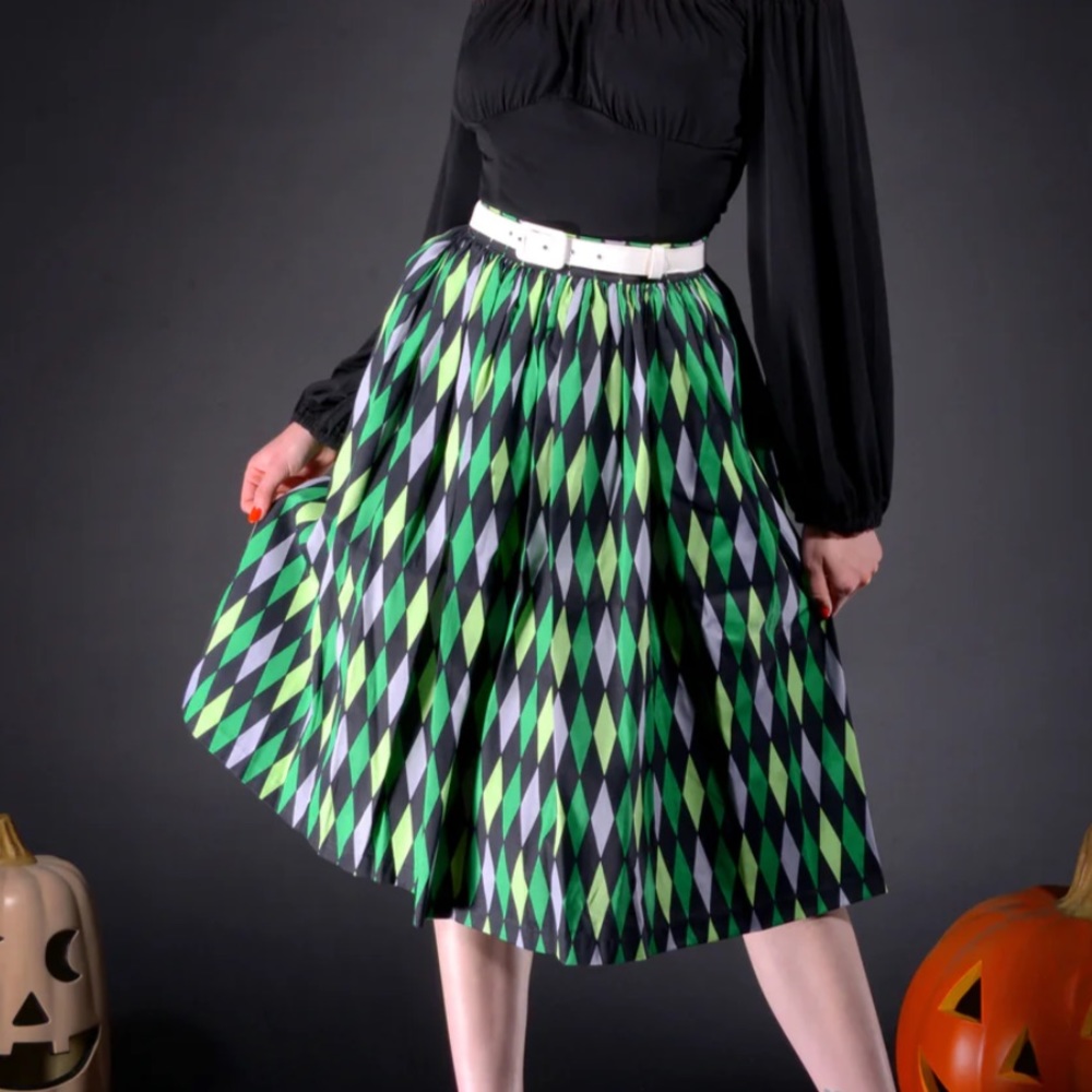 NWT Bella Vintage Gathered Swing Skirt in Green House Harlequin | Pinup Couture